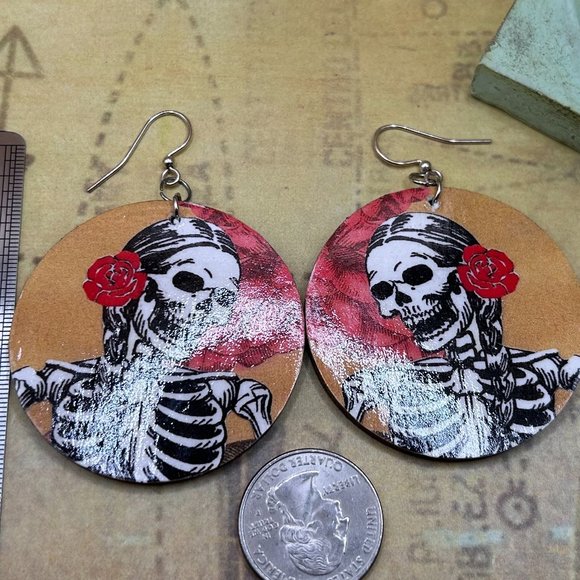 Jewelry - Huge Handmade Day of the Dead Skeleton With Rose Artist Earrings Round